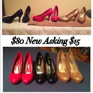 Heels. Available in Black, Red, and Gold